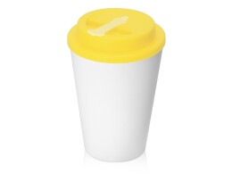 - Пластиковый стакан Take away с двойными стенками и крышкой с силиконовым клапаном, 350 мл, белый/желтый