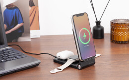 mid-oceangift Складная беспроводная (15W) зарядная станция "Clap" с подсветкой логотипа и подставкой для смартфона