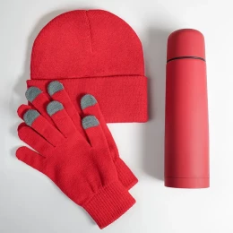 Happy gifts Набор подарочный GET WARM: перчатки, шапка, термос; красный