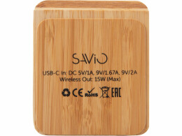 Savio Беспроводное зарядное устройство 2-в-1 с подсветкой лого «Reedia S4», 15 Вт, бамбук, черный