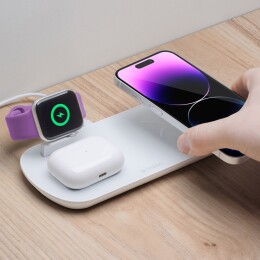 Deppa Зарядная станция 3 в 1: iPhone, Apple Watch, Airpods, беспроводная, 17,5 Вт, белая, Deppa