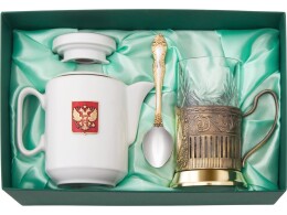 Noname Чайный набор с подстаканником и фарфоровым чайником «ЭГОИСТ-Л», золотистый/белый