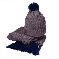 GoSnow, вязаный комплект шарф и шапка, антрацит c фурнитурой темно-синий