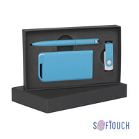 Набор ручка + флеш-карта 16Гб + зарядное устройство 4000 mAh в футляре покрытие soft touch голубой